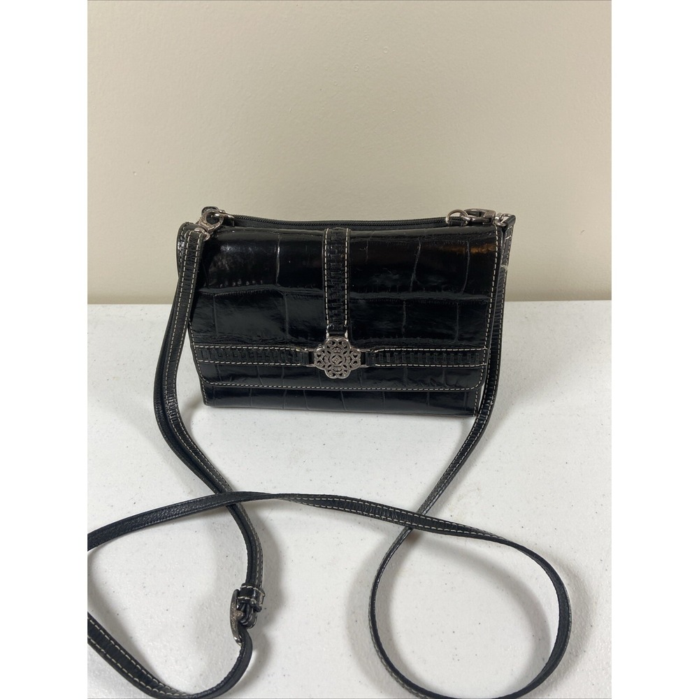 Brighton Crossbody Faux Crocodile Purse Handbag Black Organizer With Strap